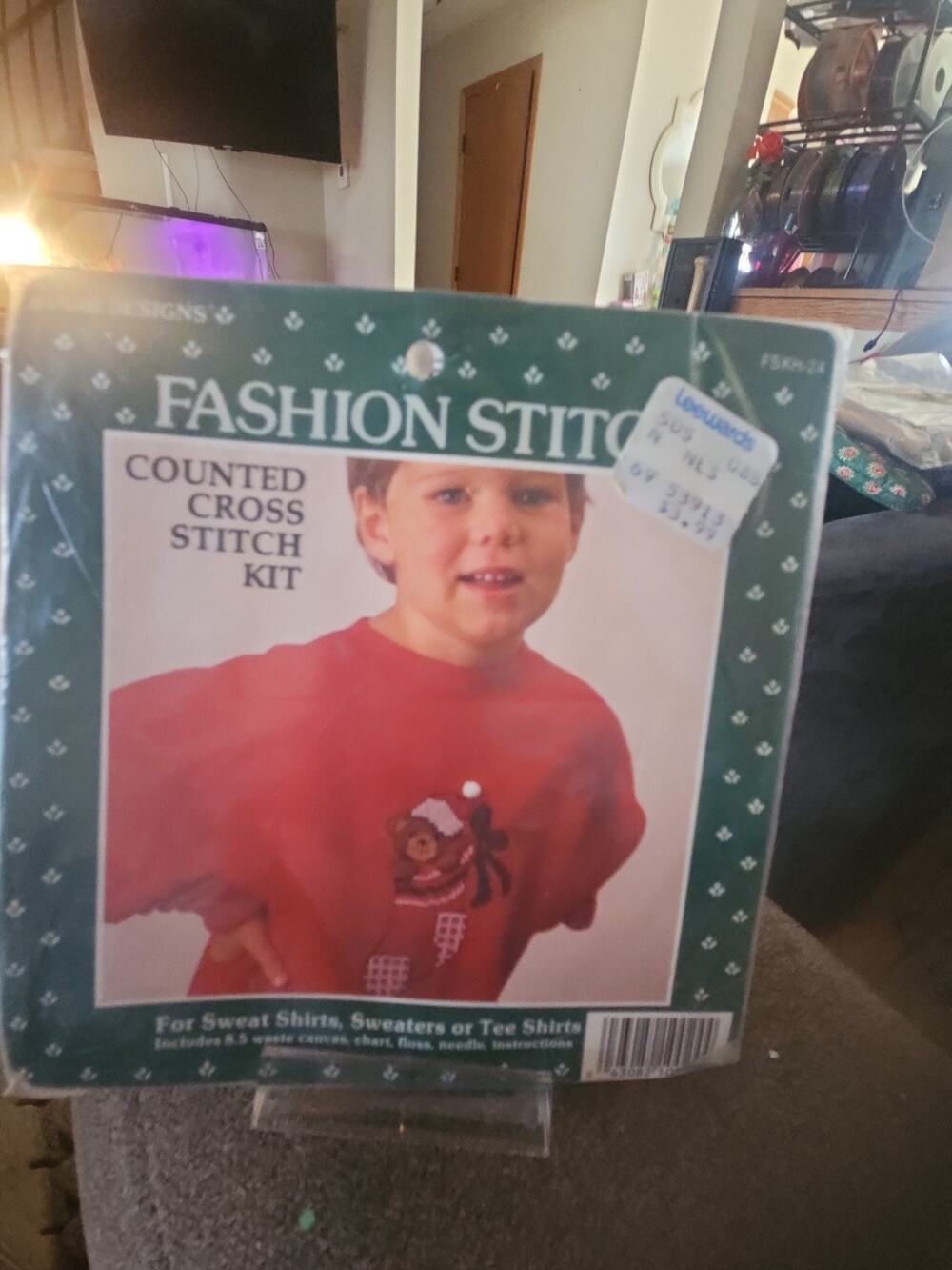 1987 Christmas Teddy Bear in Stocking Counted Cross Stitch for Clothing